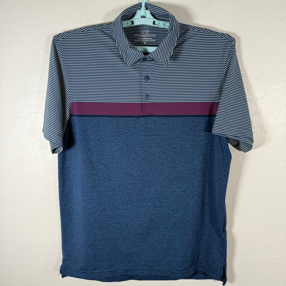 Vineyard Vines Polo Shirt Mens Medium Blue Striped Performance Golf Stretch